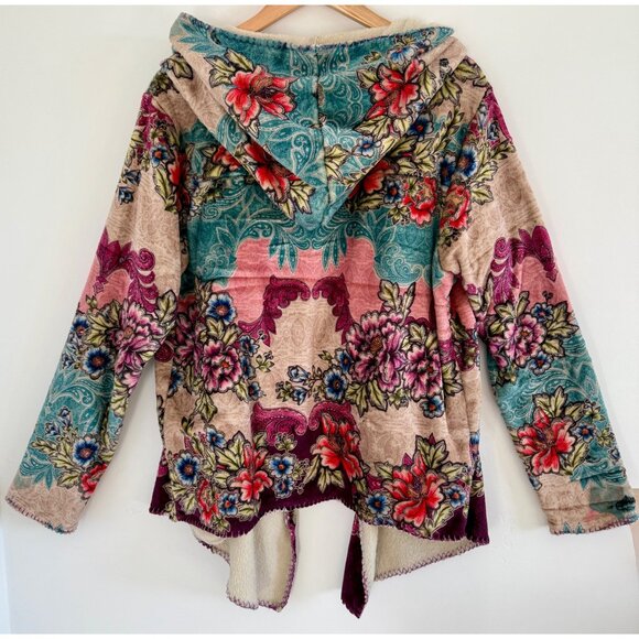 Johnny Was BIYA Sherpa Lined Floral Hoodie Jacket Boho Artwear Velvet M Jewelton - Picture 2 of 16